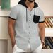 Men's Clothing Men's Summer New Waffle Hooded Color Matching Pocket Buttoned Cardigan Short Sleeved Jacket_viptrois.com