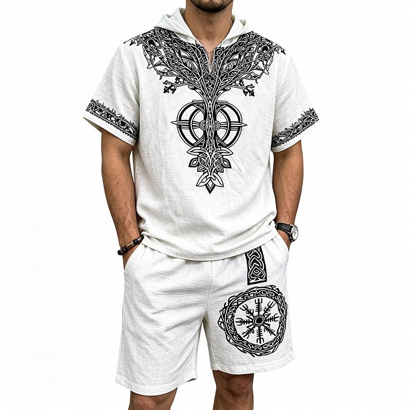 Men's Clothing Men's Viking Style Printed Suit Casual Top And Shorts Set Summer Bamboo Retro Hooded For Formal & Casual_viptrois.com