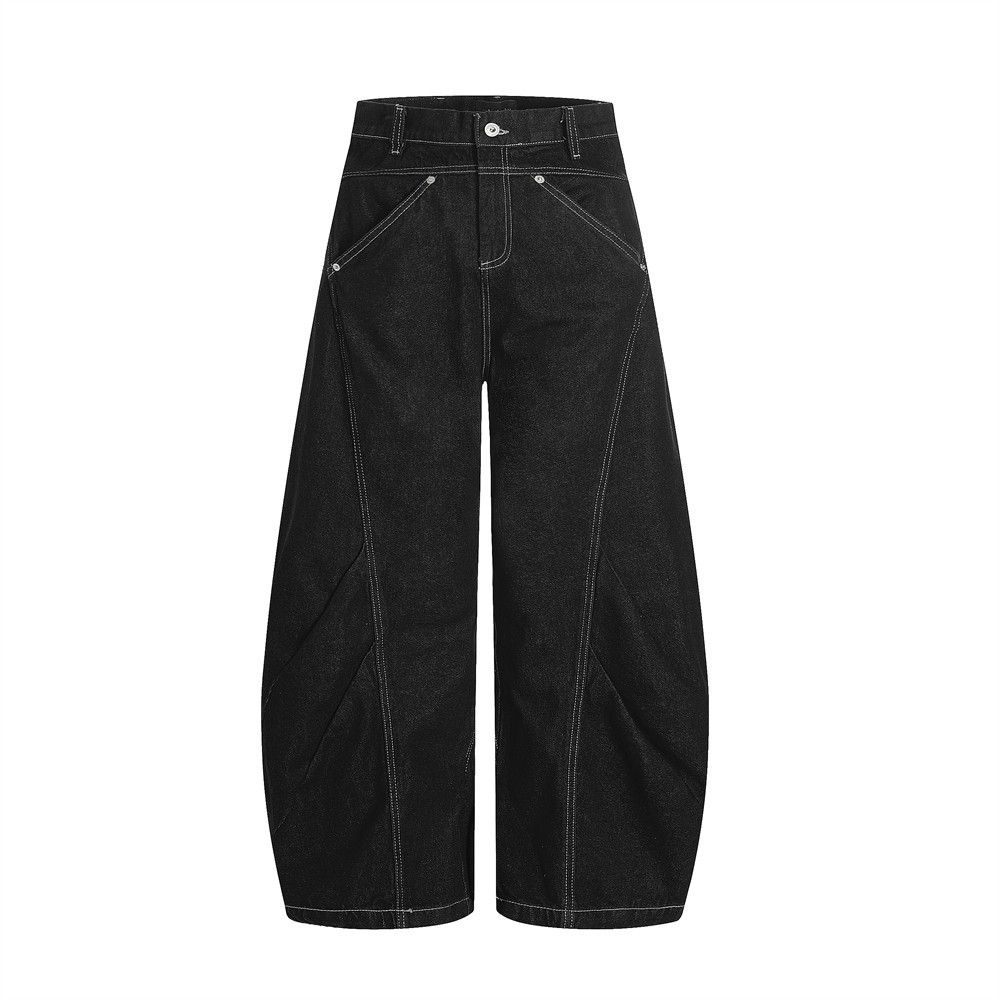 Loose Men's Denim Scimitar Pants Vibe Trend Deconstructed Patchwork Pleated Design Stitched Scythe Wide-Leg Trousers_viptrois.com