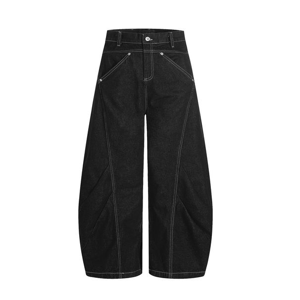 Loose Men's Denim Scimitar Pants Vibe Trend Deconstructed Patchwork Pleated Design Stitched Scythe Wide-Leg Trousers_viptrois.com