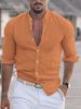 Men's Clothing 2025 New Solid Color Linen Stand Collar Cardigan Long Sleeve Loose Men's Shirt_viptrois.com