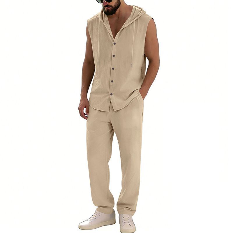 Men's Summer Hawaiian Vacation Casual Loose Fit Hooded Shirt With Pants Set Sleeveless Beachwear_viptrois.com