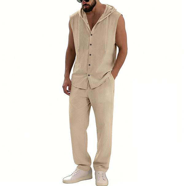 Men's Summer Hawaiian Vacation Casual Loose Fit Hooded Shirt With Pants Set Sleeveless Beachwear_viptrois.com