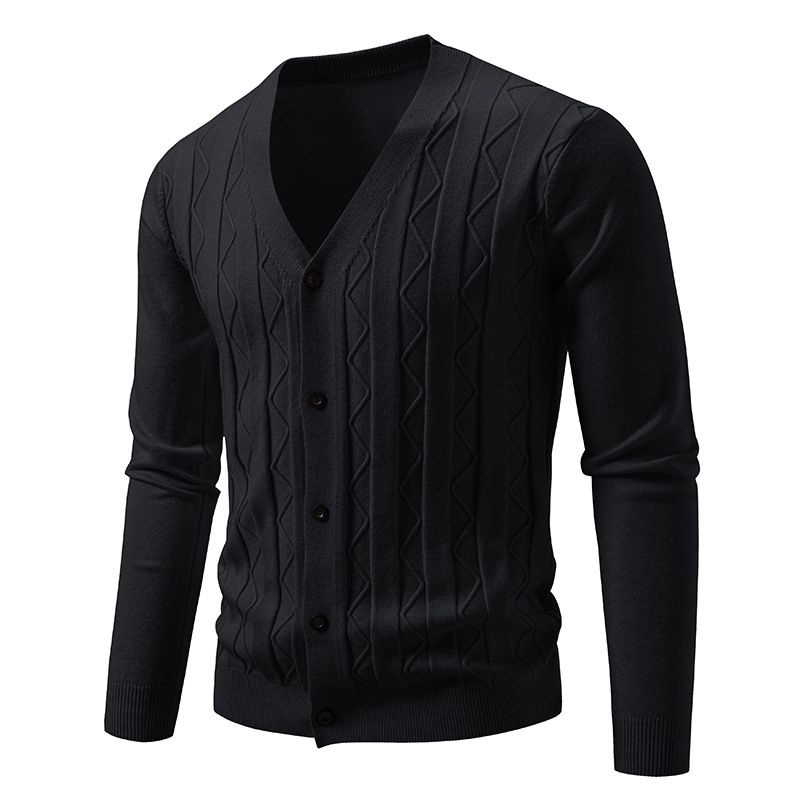 "Modern V-Neck Knit Cardigan For Men – Lightweight Stretch Polyester With Jacquard Detailing (Black, Gray, Navy, Cream, Royal Blue, )"_viptrois.com