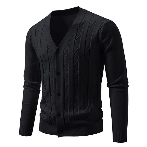 "Modern V-Neck Knit Cardigan For Men – Lightweight Stretch Polyester With Jacquard Detailing (Black, Gray, Navy, Cream, Royal Blue, )"_viptrois.com