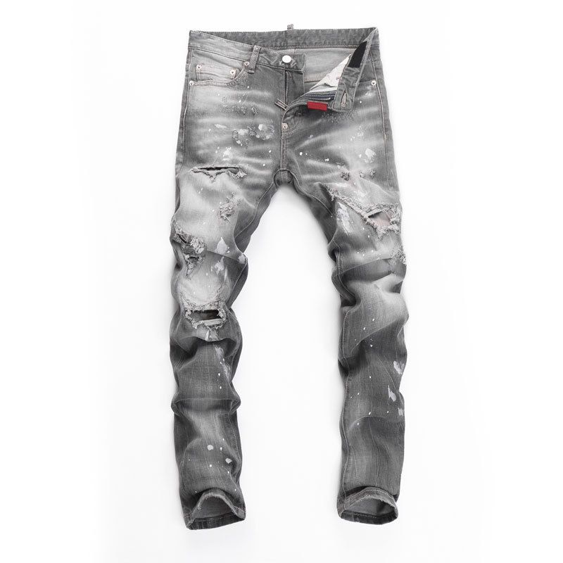 Men's Slim Fit Distressed Grey Denim Jeans With Patch Details - High Street Fashion Casual Trousers For Youth_viptrois.com