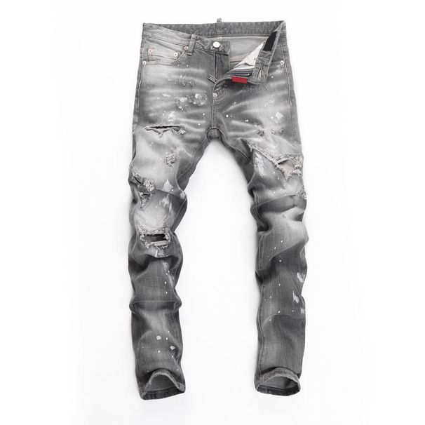 Men's Slim Fit Distressed Grey Denim Jeans With Patch Details - High Street Fashion Casual Trousers For Youth_viptrois.com