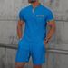 Men's Waffle Knit Short Sleeve Stand Collar Shirt & Shorts Set - Summer Casual Outfit With Color Block Design_viptrois.com