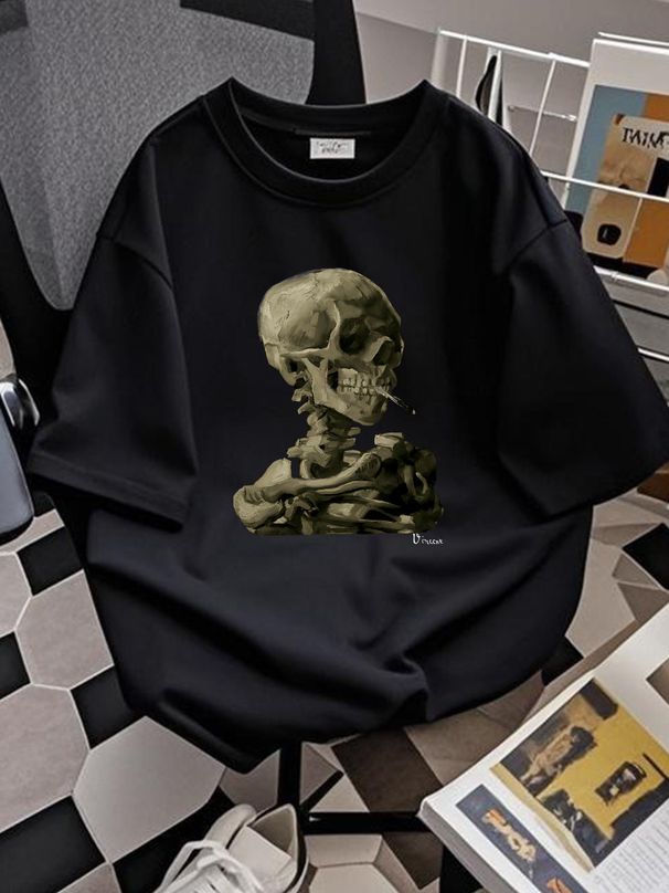 Van Gogh Skull Of A Skeleton With Burning Cigarette 1886 T Shirt Designer Clothes Soft Top For Everyday Wear Fashion Streetwear Breathable Summer_viptrois.com