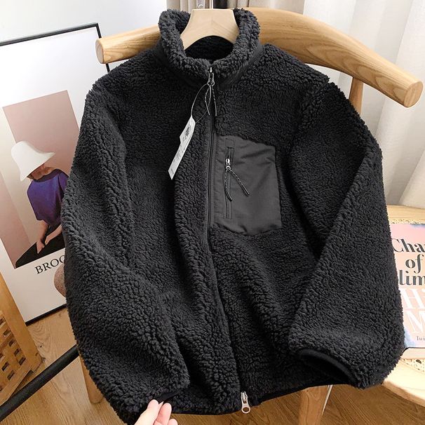 Unisex Fleece-Lined Windproof Sherpa Jacket - Oversized Polo Collar Coat With Chenille Fabric, Stretch Comfort For Fall & Winter_viptrois.com