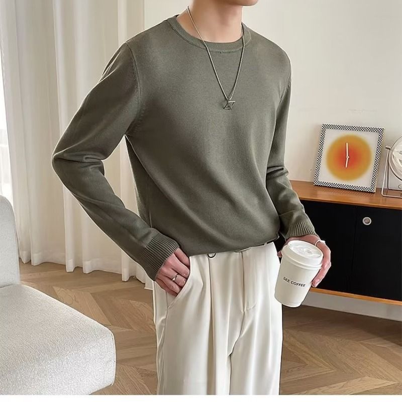 Autumn/Winter Knitted Men's Solid Color Inner Round Neck Long Sleeve T-shirt Sweater_viptrois.com