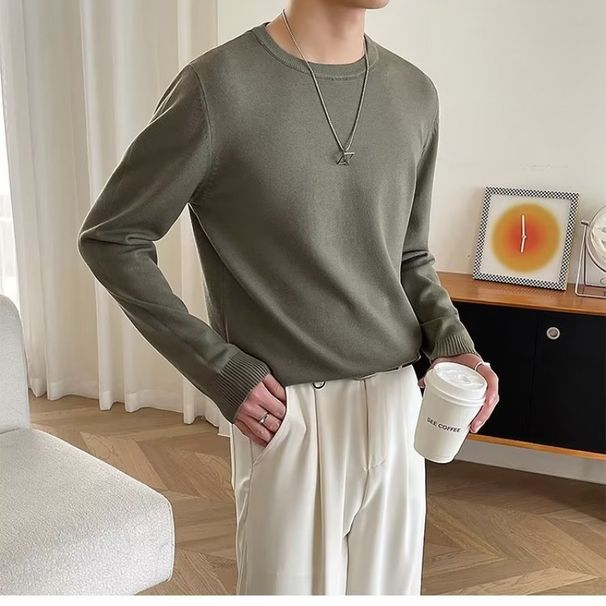 Autumn/Winter Knitted Men's Solid Color Inner Round Neck Long Sleeve T-shirt Sweater_viptrois.com