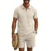Men's Casual Polo Shirt And Shorts Suit Waffle Knit Simple Label Seagull Collar_viptrois.com