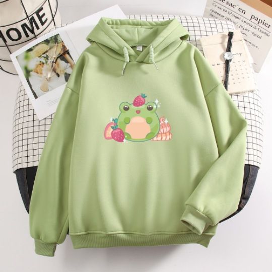 2022 Korean Style Matcha Green Frog Cute Autumn Winter New Versatile Personality Print Hoodie Sweatshirt_viptrois.com