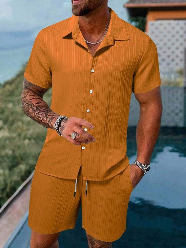 Men's Clothing Summer Casual Loose Short Sleeved Shorts Solid Color Sports Suit_viptrois.com