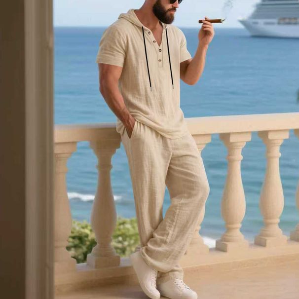 Men's Summer Short Sleeved Shirt Thin Suit High Quality Linen Hoodie Loose Straight Leg Pants_viptrois.com