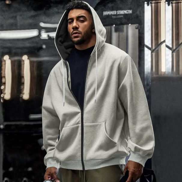 Men's Clothing Plus Velvet Heavyweight Fleece-Lined Zip-Up Hoodie Men's Oversized Streetwear Pullover With Contrast Drawstring Casual Jacket_viptrois.com