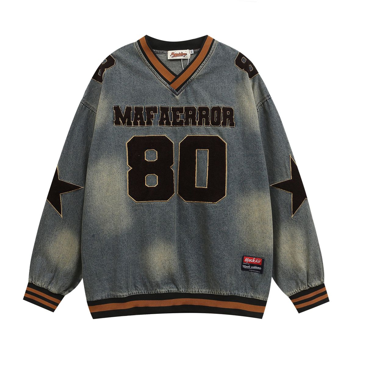 Men's Clothing washed old letter embroidered V neck denim sweatshirt for men and women autumn loose casual couple tops_viptrois.com