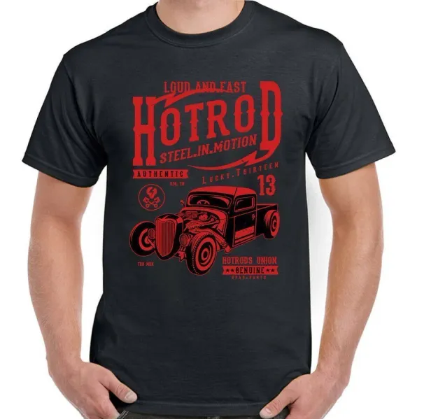 Hot Rod T-Shirt Mens Womens Tees Top Steel In Motion Mens Lucky 13 Classic American Car Enthusiast_viptrois.com