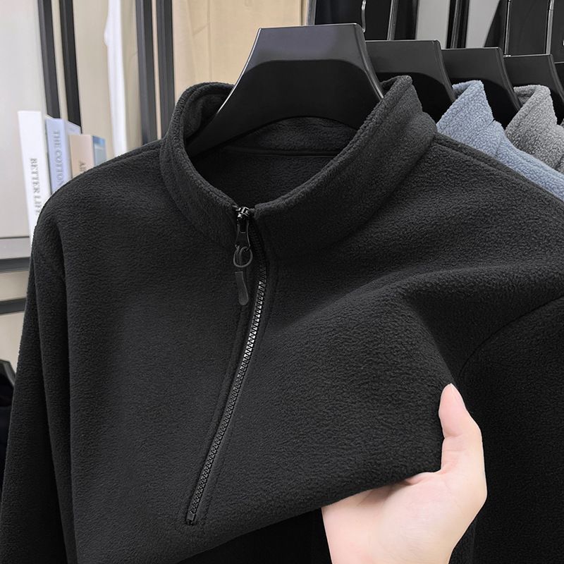 Men's Reversible Zip-Up Fleece Jacket - Stand Collar Winter Pullover, Casual Solid Color Loungewear, Relaxed Fit Thermal Innerwear_viptrois.com