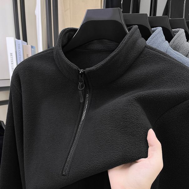 Men's Reversible Zip-Up Fleece Jacket - Stand Collar Winter Pullover, Casual Solid Color Loungewear, Relaxed Fit Thermal Innerwear_viptrois.com