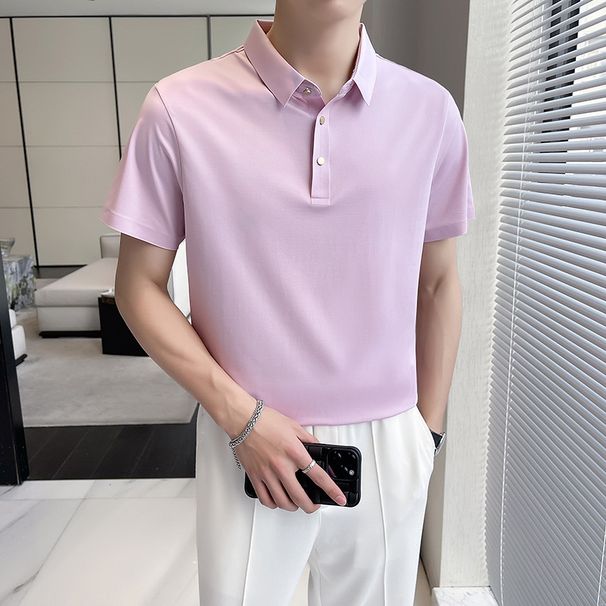 Summer New Men's Polo Shirt Short-sleeved Korean Version Solid Color Fashion High Elasticity Ice Silk Drape Seamless Lapel POLO_viptrois.com