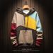 Color Block Fleece Hoodie For Men – Oversized Unisex Pullover With Contrast Panels (Khaki/Black/White, M-3XL)_viptrois.com