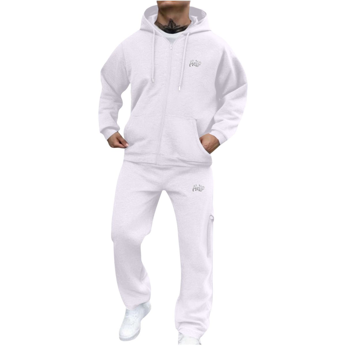 Men's Clothing Menswear Trendy Brand Heavyweight Knitted Sweatshirt Cardigan Set, Hello Letter Casual Hooded Sweatshirt Set_viptrois.com