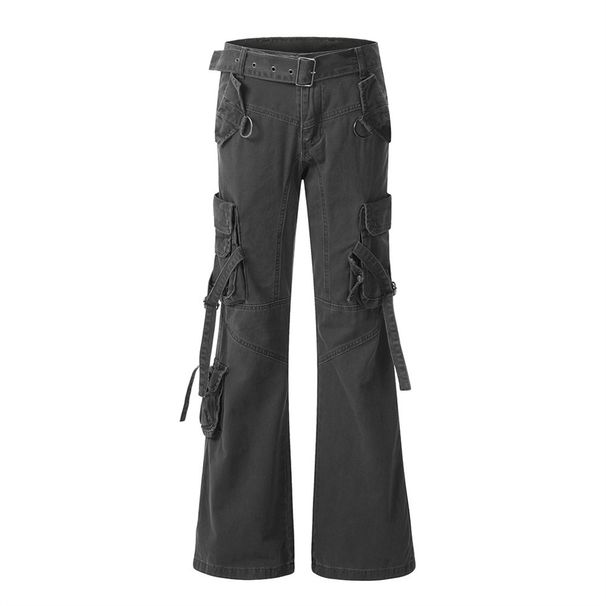 Men's Tactical Pocket Strap Cargo Denim Long Functional Split Splicing Design Loose Flared Pants Trendy_viptrois.com