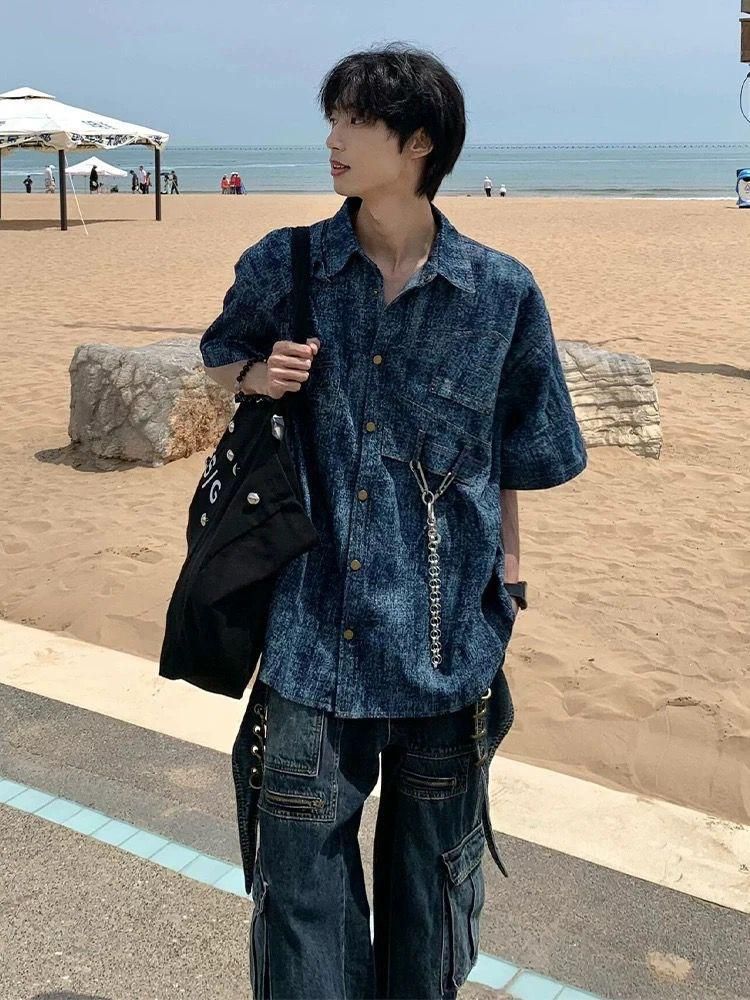 Men's Clothing Retro Deconstructed Shoulder Pad Short Sleeved Shirt For Men In Summer Old Washed Tie Dye Design Shirt Niche Jacket_viptrois.com