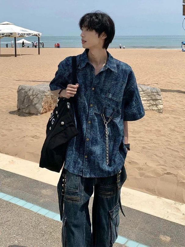 Men's Clothing Retro Deconstructed Shoulder Pad Short Sleeved Shirt For Men In Summer Old Washed Tie Dye Design Shirt Niche Jacket_viptrois.com