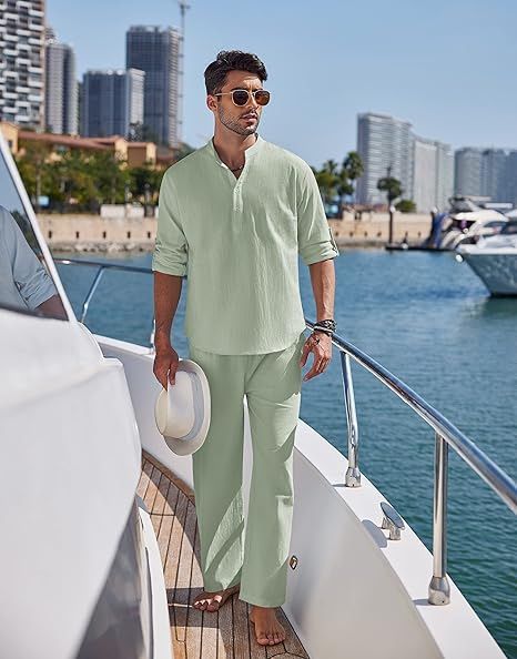 Men's Clothing Men's Solid Color Casual Cotton Long Sleeve Henry Shirt Pants Set_viptrois.com