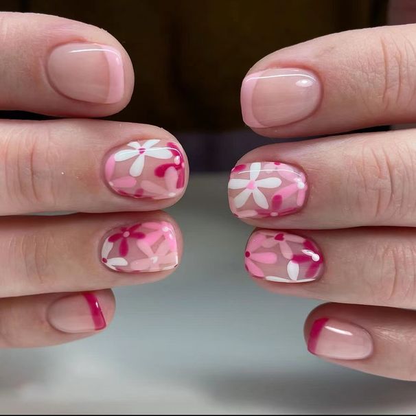 Short square nail early spring pink flower white flower nails foreign trade wear nail beauty nail piece nail 24 pieces_viptrois.com