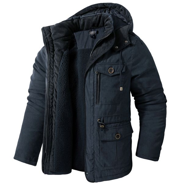 US Men's Large Lamb Fleece Hooded Jacket Thickened Multi Pocket Cotton Top Casual Mid Length Coat_viptrois.com