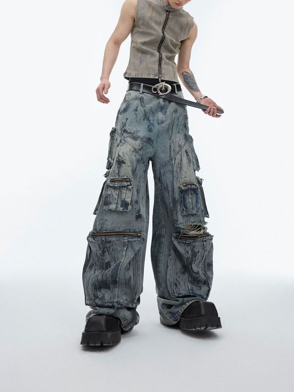 Men's Clothing Destroy Contradictions, Distressed Multi Pocket Design Jeans, Hand Painted Ripped Loose Straight Pants_viptrois.com
