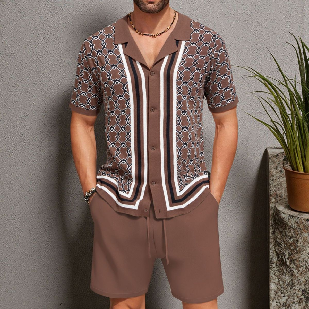 Men's Jacquard Sweater Short Sleeved Cuban Collar Knitted Shorts Suit_viptrois.com