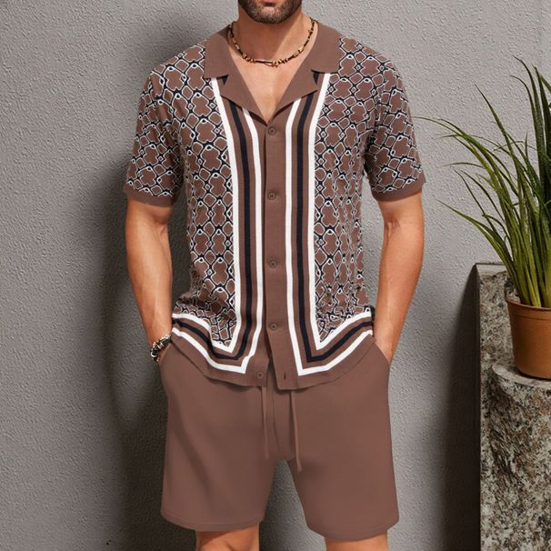Men's Jacquard Sweater Short Sleeved Cuban Collar Knitted Shorts Suit_viptrois.com