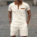 Men's Clothing Waffle Lapel Color Matching Chest Pocket Button Short Sleeve Shorts Suit_viptrois.com
