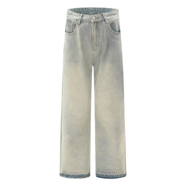 Punk Heavy Washed Faded Jeans Yellow Mud Dyed Casual Men's Street Fashion Distressed Frayed Straight Long Pants_viptrois.com