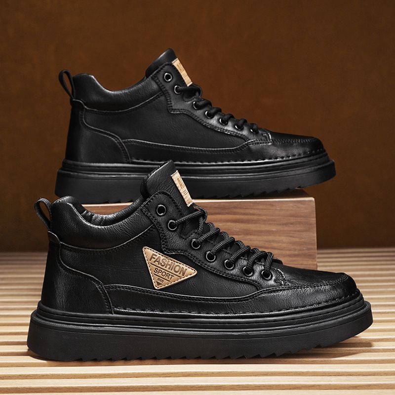 Men's Casual Leather Sneakers - Waterproof Slip-Resistant Soft Sole Oxford Shoes For Autumn & Spring (Khaki/Black)_viptrois.com