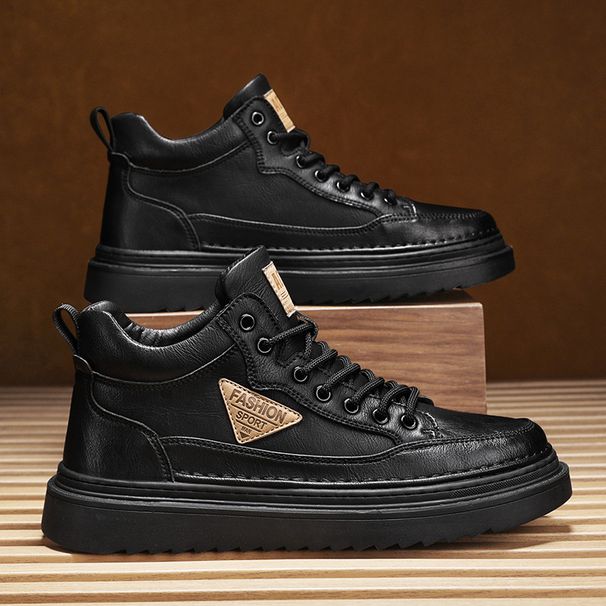 Men's Casual Leather Sneakers - Waterproof Slip-Resistant Soft Sole Oxford Shoes For Autumn & Spring (Khaki/Black)_viptrois.com