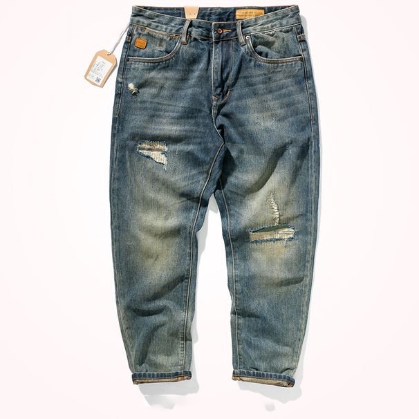 American High Street Jeans Men's Trendy Brand Loose Straight Spring And Autumn Broken Patch Retro Casual Washed Pants Men_viptrois.com