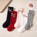 Mother & Kids Stacked Socks Solid Color Double Needle Calf Socks Girls Baby Autumn and Winter Vertical Striped Bowknot Middle Tube Socks Wholesale_viptrois.com