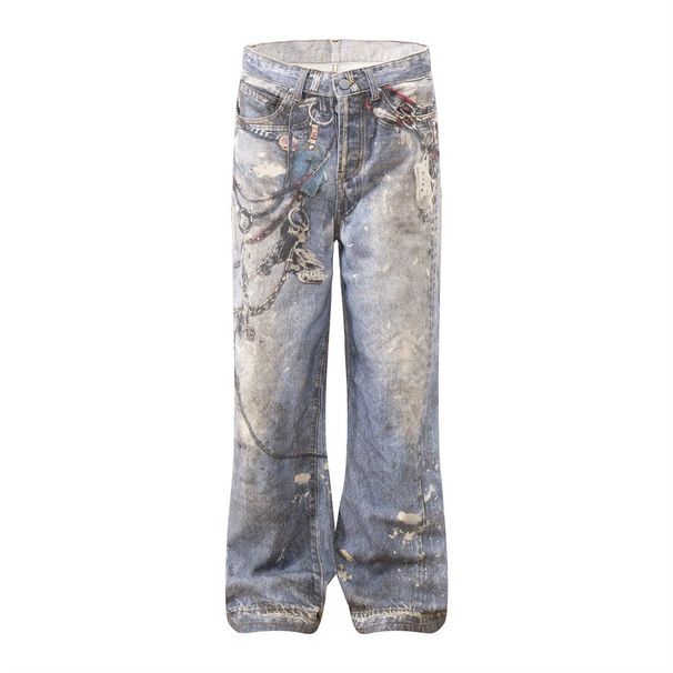 3D Digital Printed Jeans Men's Design Sense Street Trendy Chain Distressed Ink Splash Loose Straight Pants_viptrois.com