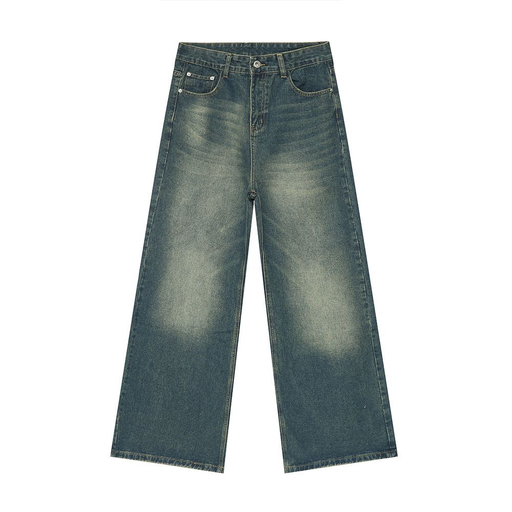 Men's Clothing Autumn Style American Retro Washed Pattern Simple Straight Tube Drape Mopping Casual Jeans_viptrois.com