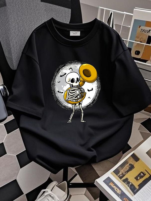 Skeleton Playing Sousaphone Tuba Instrument Halloween Band T Shirt Men Top For Everyday Wear Streetwear Slightly Summer Breathable Versatile_viptrois.com