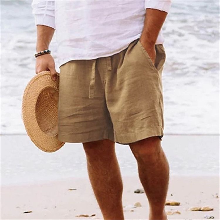 Men's Clothing Cotton And Linen Shorts Drawstring Elastic Waist Vacation Solid Color Breathable Daily Beach Five Point Casual Sports Pants_viptrois.com