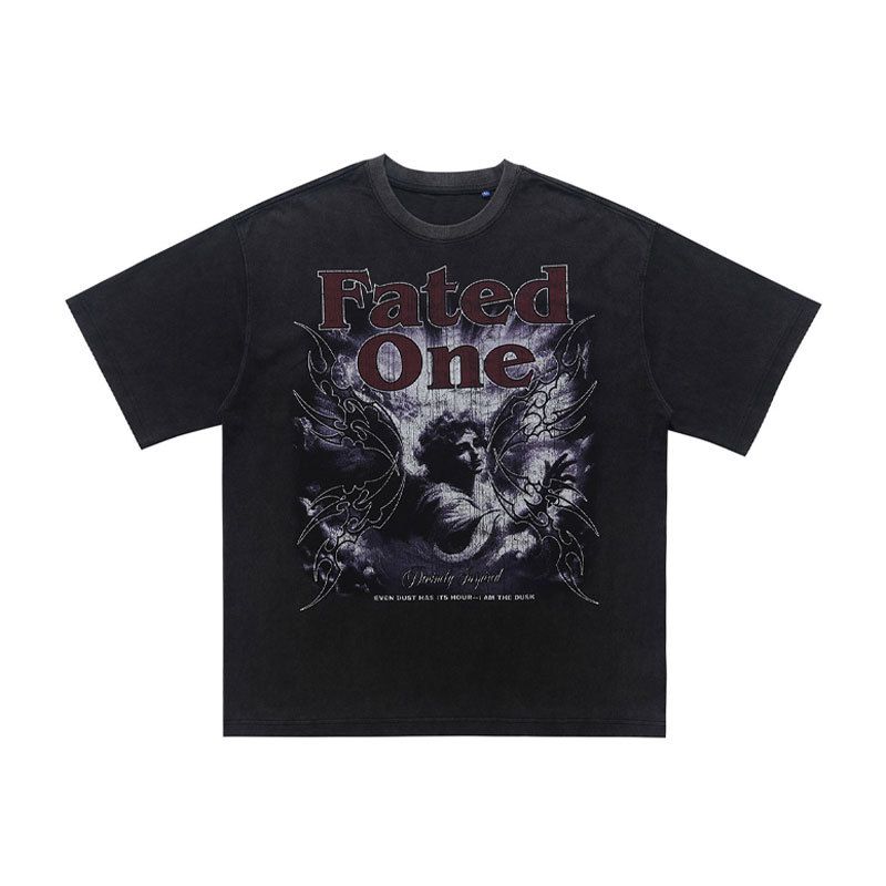 American-style Distressed Washed Pure Cotton Loose Casual Angel Plaster Print Men's Short-sleeve T-shirt_viptrois.com