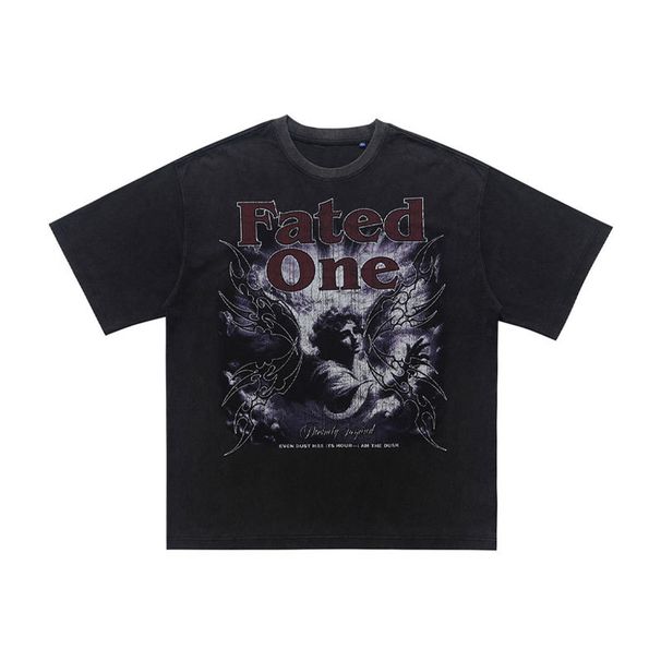 American-style Distressed Washed Pure Cotton Loose Casual Angel Plaster Print Men's Short-sleeve T-shirt_viptrois.com