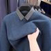 Men's Winter New Two-Piece Turn-Down Collar Fleece-Lined Thick Solid Color Long Sleeve T-Shirt Sweater Knitwear_viptrois.com